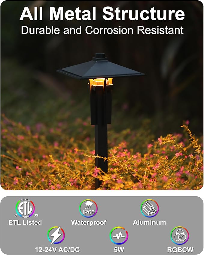 Outdoor RGB Pathway Lights Low Voltage for Christmas Decorations | 5W 12V Wired Color Changing Low Voltage Landscape Lighting for Path Sidewalk Driveway Lawn of Christmas, Aluminum, Black, 1PK