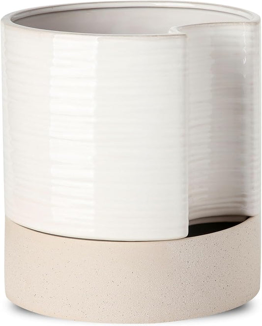 Nihow Ceramic Self Watering Plant Pot for Indoor Plants, 8 Inch,Cream White | Planter with Cotton Wick, Drainage Hole & Water Storage Plus, Cylinder Round Flower Pot, For Succulent/Herbs/Violets