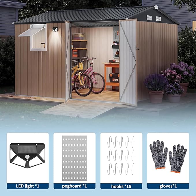 Garvee 10 x 8 FT Heavy-Duty Metal Outdoor Storage Shed with Motion Sensor Solar Light and Window,Pegboard Tool Organizer, Lockable Doors and 4 Air Vents, Garden Shed for Patio, Garage, Backyard | Motion Sensor Light, Window, Pegboard Tool Organizer, Lo...