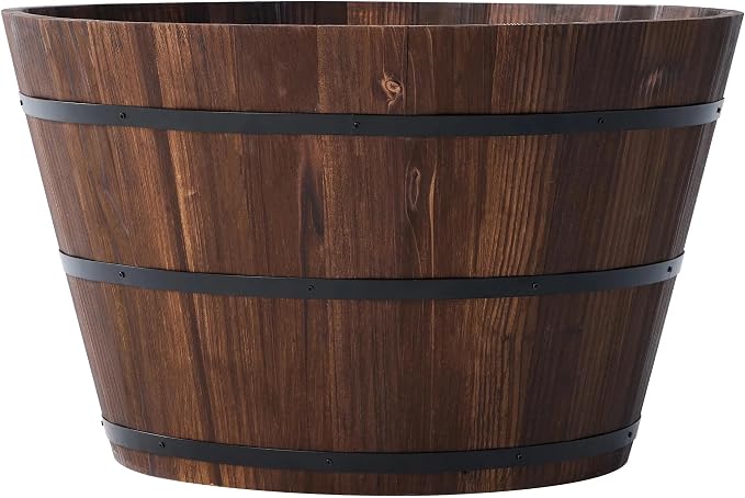 26-inch Wooden Barrel Planter, Perfect for Outdoor Plants, Whiskey-Style Garden Pot, Large Flower Container, Made of Sturdy Solid Wood, Suitable for Herbs, Succulents, and shrubs
