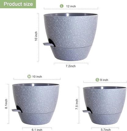 WSMKSZ Big Self Watering Pots 12/10/9 inch, Planter, Plant Pots with Mesh Drainage Holes for Indoor Outdoor Garden Plants, Plastic Flower Pots with Removable Deep Reservoir, Speckled Grey