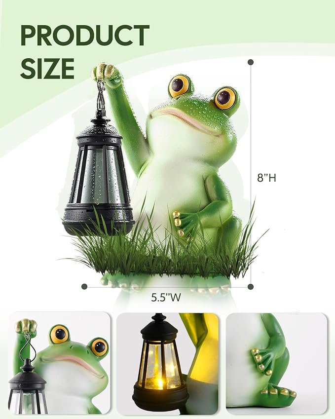 Vuees Solar Frog Garden Statue Light, Outdoor Waterproof Decorative Lantern Figurine, Cute Yard Art for Garden Patio Pond Balcony Porch Decor, Housewarming & Gardening Gifts for Women Grandma Mom | Hand-painted resin, dusk sensor, flower bed or pond ac...