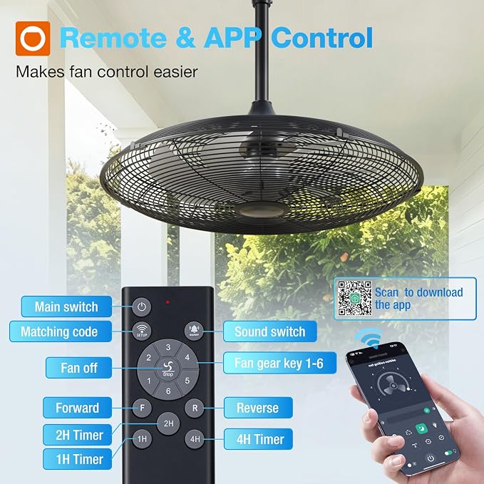 addlon Outdoor Ceiling Fan for Patios, 24 inch Black Waterproof Gazebo Fan Remote&APP Control, 6 Speeds, Noiseless, Reversible, Plug in Hook Mount Ceiling Fan for Pergola Canopy Porch