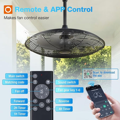 addlon Outdoor Ceiling Fan for Patios, 24 inch Black Waterproof Gazebo Fan Remote&APP Control, 6 Speeds, Noiseless, Reversible, Plug in Hook Mount Ceiling Fan for Pergola Canopy Porch