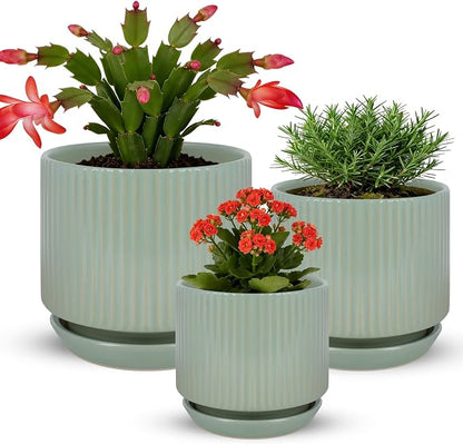 Ceramic-Flower-Pots-Sets-with-Saucer, 5/6/8 inch Small Planters for Indoor Plants with Drainage Hole, White Vertical Stripe Plant Pots for Home Decor, Outdoor Garden Pot For Succulent Cactus Herb