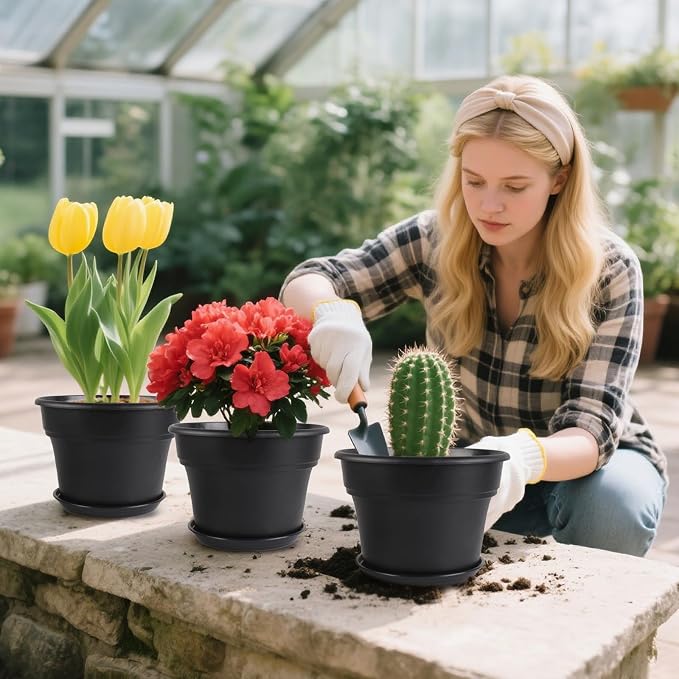 Myfeegoin 6-inch-Plant-Pots-Indoor-Outdoor, 6 Pack Plastic Planters with Drainage Holes & Saucers, Resin Flower Pots with Trays, Classic Garden Pot Container for House
