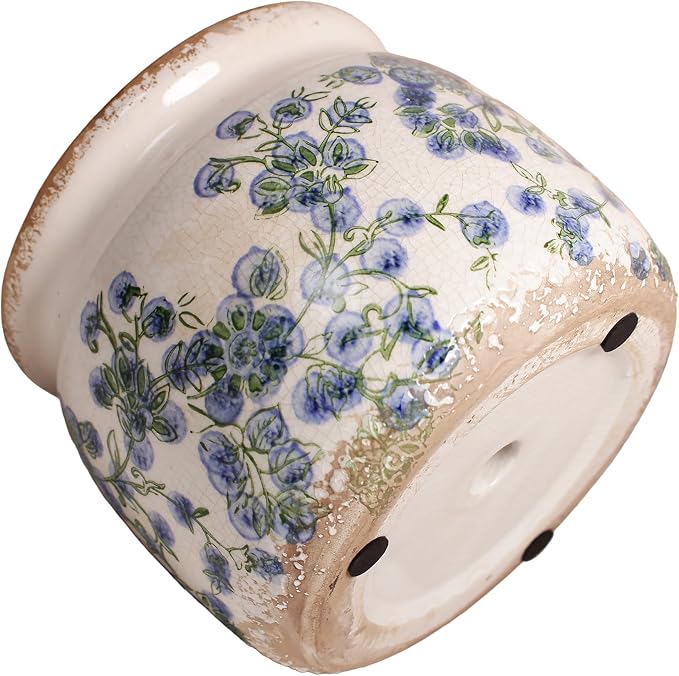 Ceramic Planters Spring Decor, 6.3in Country Cottage Plant Pots with Drainage Hole for Indoor Plants & Succulent, Vintage Crackle Glaze Finish Flower Vase, Home Decor Gifts, Deep Blue Floral