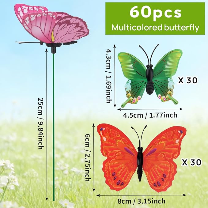 60Pcs Butterfly Garden Decorations, Assored 2 Size PVC Butterfly Decorative Garden Stakes, 11.8 inch Butterflies Garden Stakes for Patio Yard Decor(Random Color, Requires Assembly)