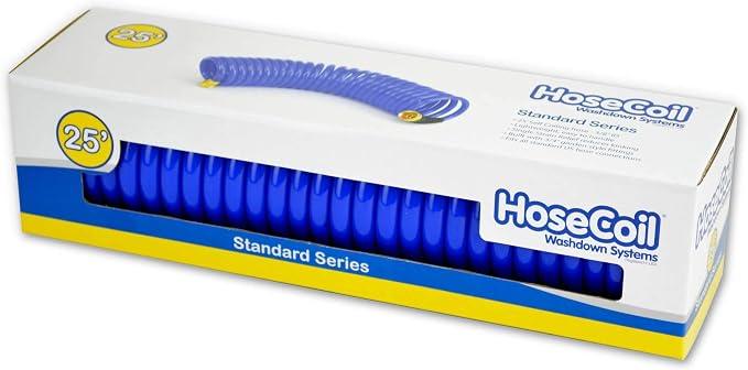 HoseCoil 3/8 inch ID Self Coiling Garden, RV, Marine Outdoor Water Hose (25' Blue) | 25 Ft • 3/8 in ID • Self-Coiling Hp Polyether Hose • 3/4 in Garden-Thread Solid Brass Fittings • Blue