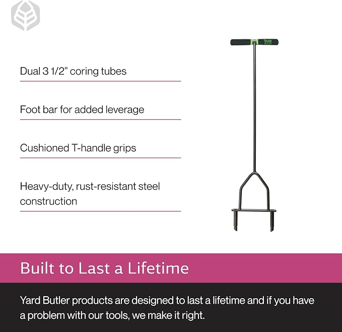 Yard Butler Manual Lawn Coring Aerator, ID-6C - Lawn Care Tool for Aerating - Long-Handled - Power-Coated Steel Construction - Comfortable Cushioned Handles Garden Tool - Easy to Use