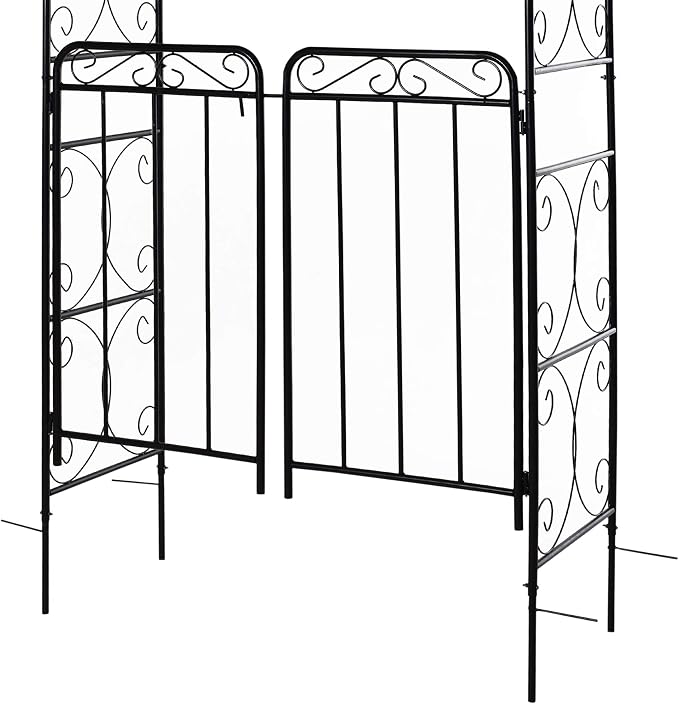 Outsunny 84" Garden Arch Arbor with Gate, Metal Arch Trellis, Garden Archway for Climbing Vines, Wedding Ceremony Decoration, Flourishes & Arrow Tips, Black