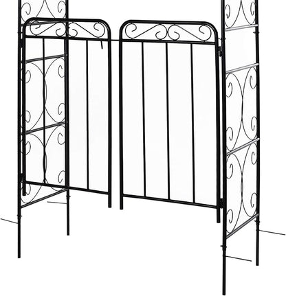 Outsunny 84" Garden Arch Arbor with Gate, Metal Arch Trellis, Garden Archway for Climbing Vines, Wedding Ceremony Decoration, Flourishes & Arrow Tips, Black