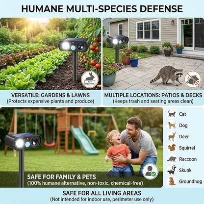 2026 Sonic Fortress Pro Deer Repellent Devices for Plants,4Pack Feral Cat Repellent Outdoor Solar Ultrasonic Animal Repellent with Motion Sensor&Flash Light,Raccoon Fortress Pro for Vegetable Garden