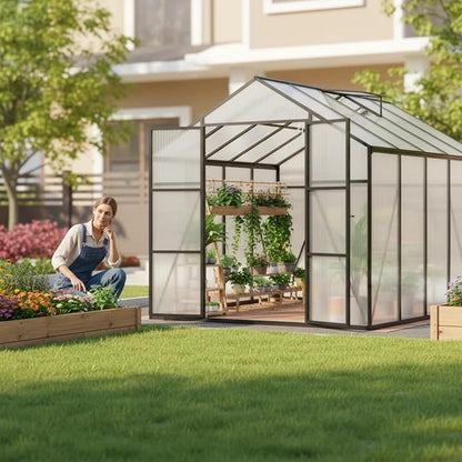 8x12 FT Greenhouse, Walk-in Outdoor Heavy Duty Polycarbonate Greenhouse with Raised Base & Anchor, Aluminum Frame, High Headroom & Drainage System for Backyard All Season Growing, Black
