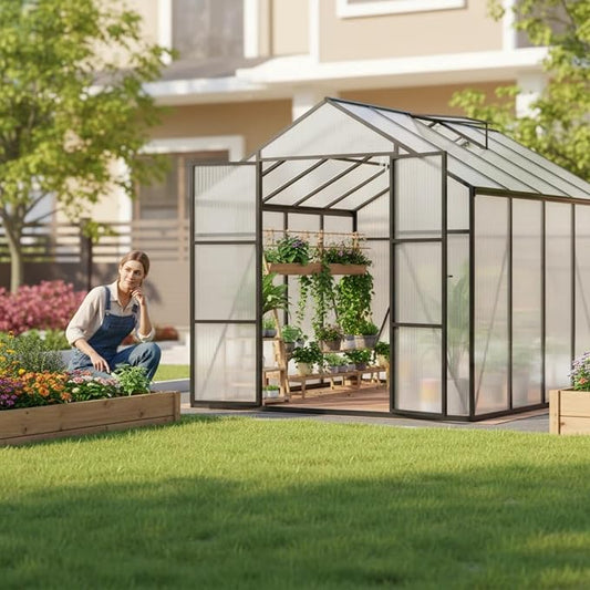8x12 FT Greenhouse, Walk-in Outdoor Heavy Duty Polycarbonate Greenhouse with Raised Base & Anchor, Aluminum Frame, High Headroom & Drainage System for Backyard All Season Growing, Black