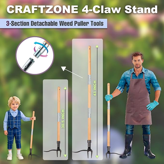 Weed Puller Long Handle Foot Platform Design 4-Claw Steel Head & Removable 3-Section Pole Garden Tools-Easily Remove Weeds Without Bending or Kneeling Stand Up Weed Puller Tool with Wooden