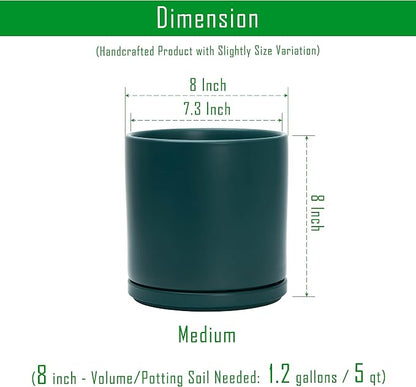 D'vine Dev 8 Inch Ceramic Planter Pot, Teal, 94-O-D-9 | Modern Cylinder Design, Drainage Hole & Saucer Included, Stable Structure, Elegant Home Accent