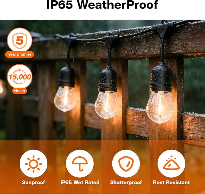 LEDVANCE 24-ft Outdoor String Lights, Edison Shatterproof S14 Bulbs, Linkable, String Lights for Outside/Indoor, IP65 Wet Rated, 2200K, Amber Glow, Extra Bulb Included - 1 Pack (63193)