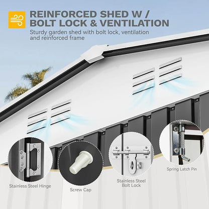 DWVO 10x10ft Large Tool Storage Shed with Window, Lockable Doors, and Sloped Roof, Oversized Steel Outdoor Storage Shed for Garden, Patio, Garage, Backyard, Lawn(Gray + White)
