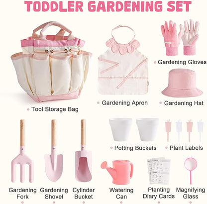 ROBUD Kid Gardening Set, Wooden Garden Tool for Kid, Garden Tool Kit with Tool Storage Bag, Apron, Gloves, Montessori Toys for Kids to be Closed to Nature, WRP51