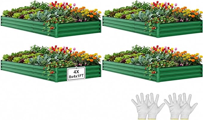 YITAHOME 4pcs 8x4x1ft Galvanized Raised Garden Bed, Metal Planter Box with Safety Rubber, Gloves, Outdoor Flower Bed for Planting Plants Vegetables, Green
