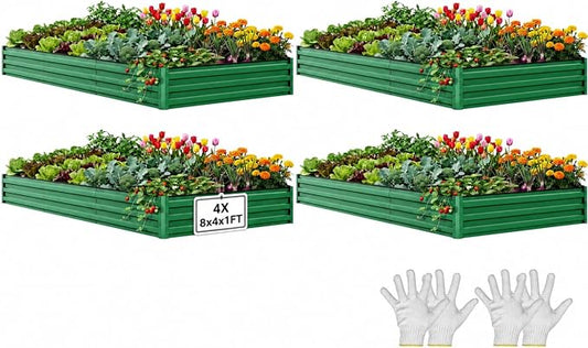 YITAHOME 4pcs 8x4x1ft Galvanized Raised Garden Bed, Metal Planter Box with Safety Rubber, Gloves, Outdoor Flower Bed for Planting Plants Vegetables, Green