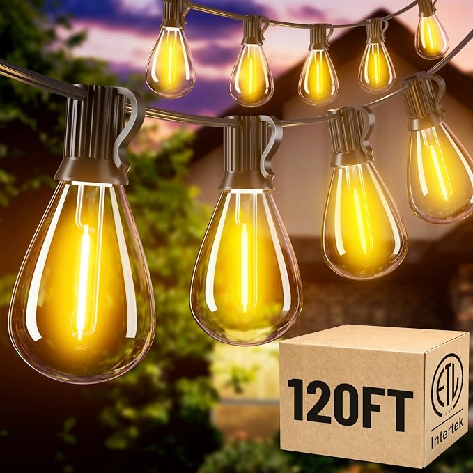 120FT Outdoor String Lights, Waterproof Patio Lights with 30+2 Shatterproof LED Bulbs, Hanging Decor for Backyard Garden Porch Bistro,2700K Warm White