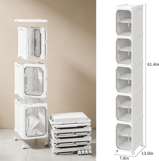 5-Tier Narrow Storage Cabinet Slim Bathroom Tall Skinny Organizer | Movable Slim Storage Cabinet with Lockable Rolling Wheels Adjustable Detachable Shelves Snap Assembly for Small Spaces,White