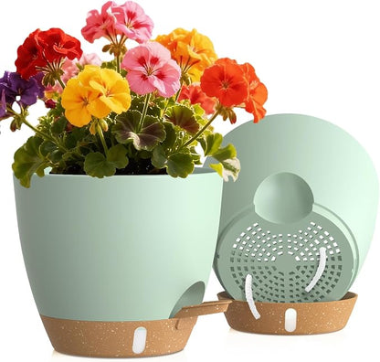 Self Watering Pots with Drainage Holes, 2 Pack 8 Inch Plant Pots with Water Level Indicator Deep Reservoir, Large Plastic Planter for Indoor Outdoor Plants - Green Brown