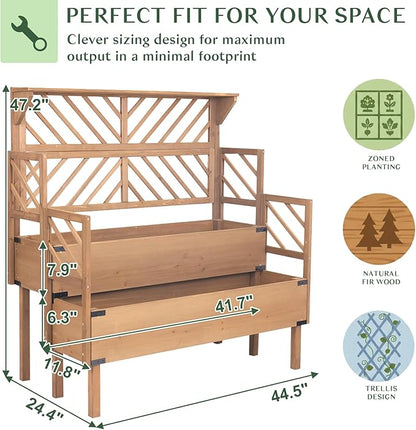 Raised Garden Bed Outdoor with Lattice Trellis, 47.2''H Wood Outdoor Flower Plant Stand with Two Planting Areas, Metal Reinforced, Liner, Elevated Garden Beds for Climbing Plants, Herb, Brown