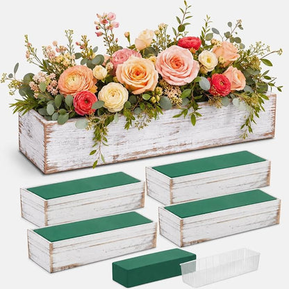 Dandat 4 Set Wood Boxes for Centerpieces 12x4 Inch Rectangle Wooden Planter Box Rustic Wooden Planters with Removable Plastic Liner Floral Foam Blocks for Christmas Wedding Home Garden Decor(White)