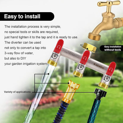 3 Way Garden Hose Splitter, Heavy Duty Brass Nickel Plated Rust Resistant Faucet Manifold, 3/4" Frost Resistant Outdoor Hose Adapter Connector，Hose Spigot Adapter with 3 large red handles