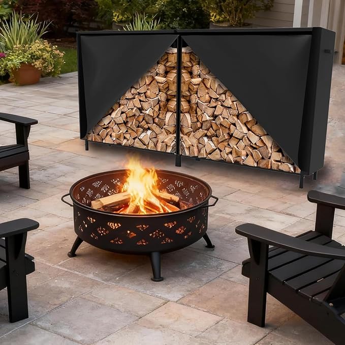 8Ft Firewood Rack Cover with Zipper & Adhesive Closing Strips, Heavy Duty Black 600D Polyester Oxford, Waterproof, Windproof, and Sun-Protective, Rack Not Included