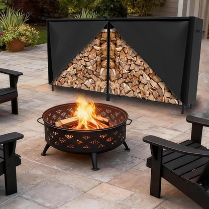 8Ft Firewood Rack Cover with Zipper & Adhesive Closing Strips, Heavy Duty Black 600D Polyester Oxford, Waterproof, Windproof, and Sun-Protective, Rack Not Included