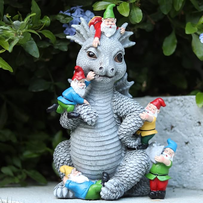 Dragon Gnome Statues Outdoor Decor, 13” Dinosaur Play with Gnomes Garden Statue, Outdoor Statue for Outside,Lawn Yard Decor, Gardening Gift
