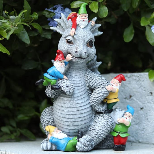 Dragon Gnome Statues Outdoor Decor, 13” Dinosaur Play with Gnomes Garden Statue, Outdoor Statue for Outside,Lawn Yard Decor, Gardening Gift