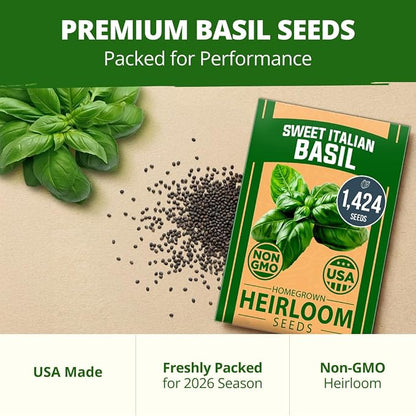 HOME GROWN Non GMO Italian Basil Seeds Bulk Pack 1,424 Sweet Large Leaf Basil Seeds for Planting and Heirloom Herb Seeds for Planting Indoors or Outdoors (Ocimum basilicum)