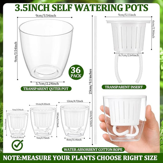 36 Pcs Self Watering Pots 3.5 Inch Plastic Flower Plant Pot with Inner Pot Self Watering Wick Planter White Clear Flower Pots for Indoor Plants Herbs, Flowers, Succulent (Transparent White)