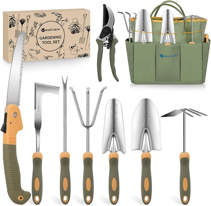 Yesker Gardening Tools 9-Piece Heavy Duty Garden Tool Set Gardening Supplies Gifts for Women Men Gardening Hand Tool Kit w Non-Slip Ergonomic Rubber Handle, Durable Garden Bag, Pruning Shears, Green