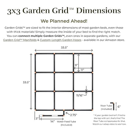Garden Grid Watering System - 3x3 Standard | Raised Garden Bed Drip Irrigation System – But Better | Pre-Assembled, Waters Every Plant Evenly, 1-Min Setup | Square Foot Gardening | 33.5"x33.5"