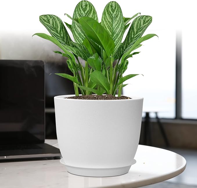 UOUZ 12/10/9 Large Plant Pots, Plastic Planters with Drainage Holes and Saucers for Indoor Outdoor Plants Flowers, White