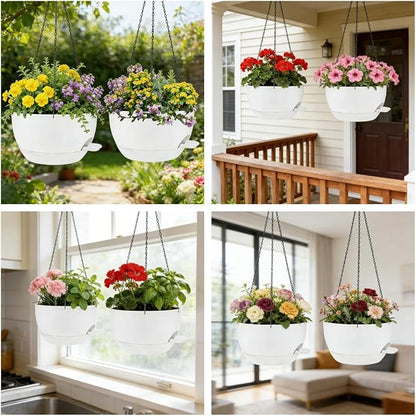 12" Self Watering Hanging Planters with Chains, White, 2 Pack | 43 Oz removable self-watering reservoir, for indoor/outdoor plants, patio & garden