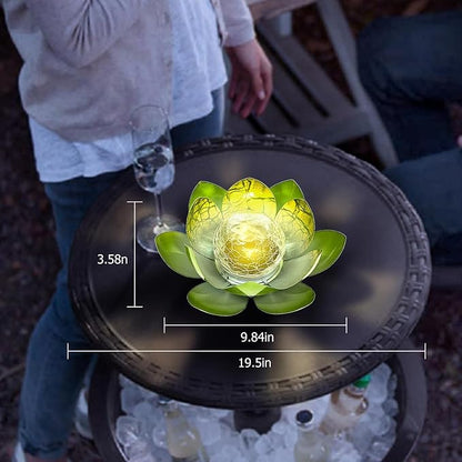 Huaxu Solar Lights Outdoor Garden Decoration Crackle Globe Glass Waterproof LED Metal Green Lotus Flowers Gift for Mom,Women,Patio,Lawn,Walkway,Tabletop,Ground