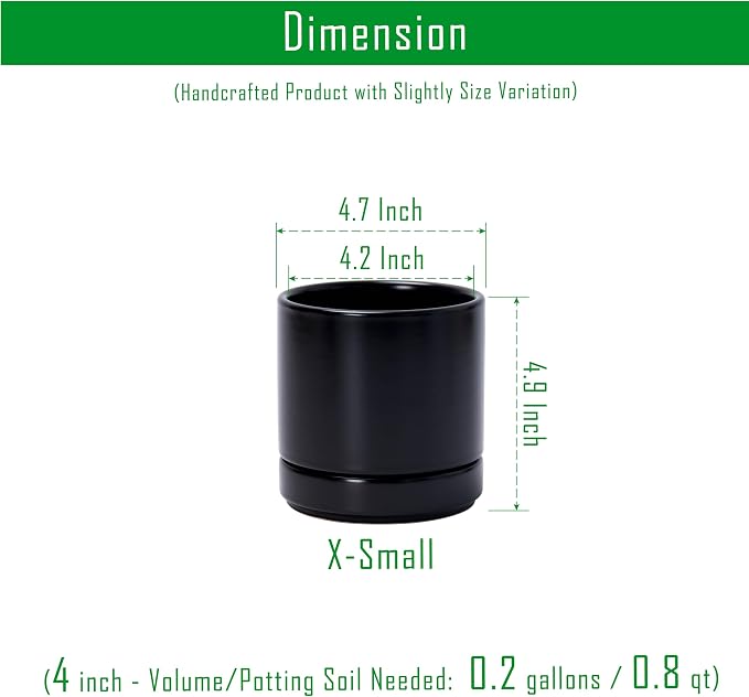 D'vine Dev 4.7 Inch Ceramic Planter Pot, Black, 94-O-B-2 | Modern Cylinder Design, Drainage Hole & Saucer Included, Stable Structure, Elegant Home Accent