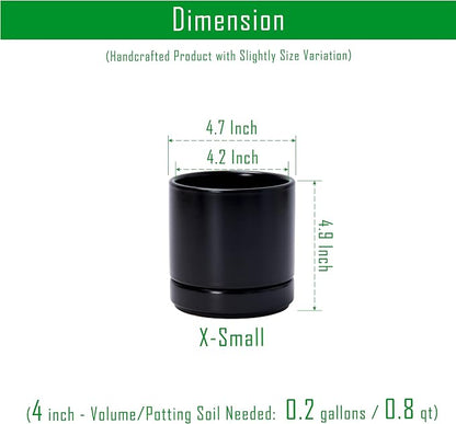 D'vine Dev 4.7 Inch Ceramic Planter Pot, Black, 94-O-B-2 | Modern Cylinder Design, Drainage Hole & Saucer Included, Stable Structure, Elegant Home Accent