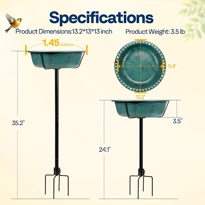 VIVOHOME Bird Bath for Outside, Outdoor 13'' Birdbath Bowl with Metal Ground Stake, Weather-Resistant ABS Bird Bath and Feeder for Garden, 1.45 Gallons, Green