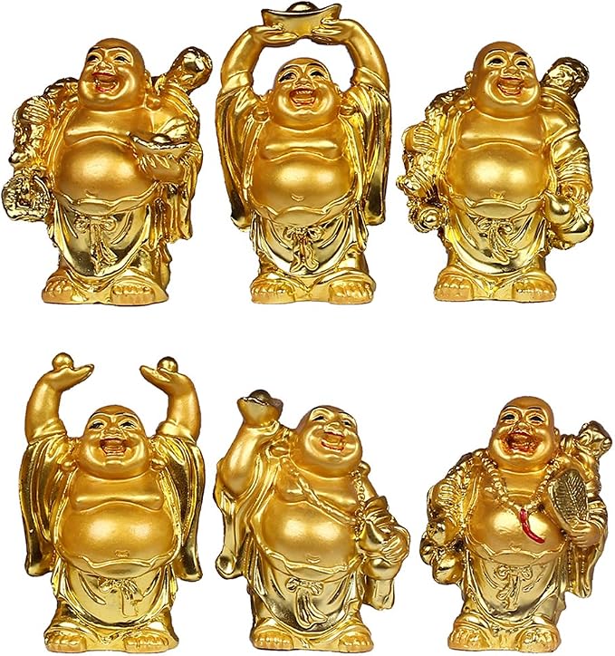 BRABUD Resin Laughing Buddha Figurines 2.5’’Height Gilting Buddha Statue Big 6 Set Gold