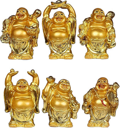 BRABUD Resin Laughing Buddha Figurines 2.5’’Height Gilting Buddha Statue Big 6 Set Gold