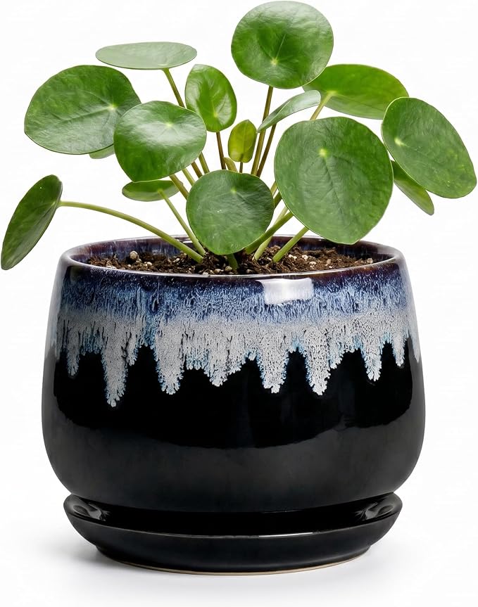 Ceramic Planter 4 Inch - Small Pots for Plants with Drainage and Saucer, Round Flower Pot for Indoor Plants, Ceramic Succulent Pots, Room Home Decor, Plant Lover Gifts for Women, Black-Blue