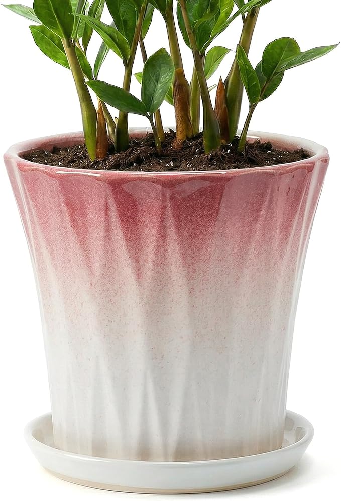 10 Inch Ceramic pots for Plants with Saucer Drainage Leak-Proof Mesh, Round Plant Pot with Gardening Gloves for Indoor Outdoor Plants (Rippled Pink)